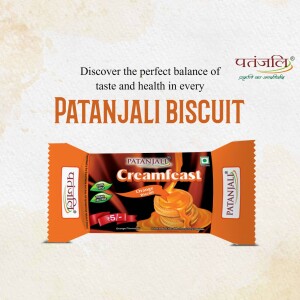 Patanjali Creamfeast Biscuit packaging with orange and brown color scheme