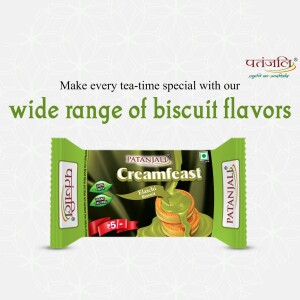 Patanjali Creamfeast Biscuit packaging with a green and gold design.