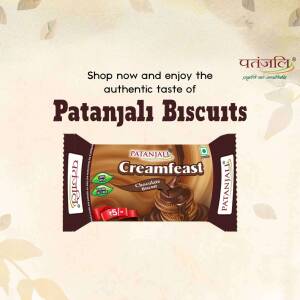 Patanjali Creamfeast Chocolate Biscuits packaging on a green background with promotional text.