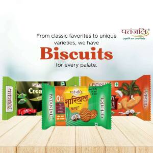 Assortment of Patanjali Biscuits on a wooden surface