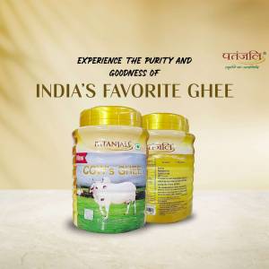 Two jars of Patanjali Cow's Ghee with a cow illustration on the label.