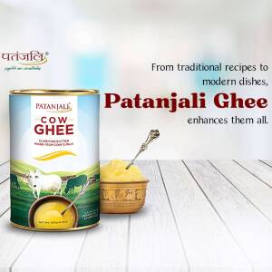 Patanjali Cow Ghee in a tin can with a serving and a cow illustration
