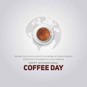 A cup of coffee shaped like a world map with text wishing a happy International Coffee Day.