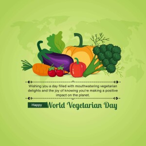 Illustration of fresh vegetables with World Vegetarian Day text