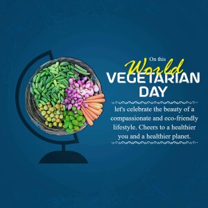 Image celebrating World Vegetarian Day with a basket of fresh vegetables and a globe.