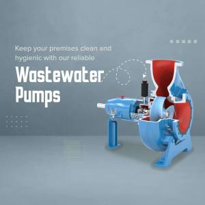 Cross-section view of a blue and red wastewater pump with text overlay