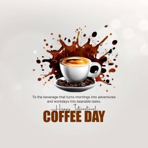 A cup of coffee with a splash and coffee beans, celebrating International Coffee Day.