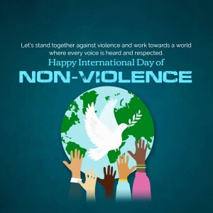 Image depicting a globe with a white dove and diverse hands reaching up, promoting peace and non-violence.
