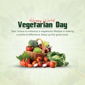 Basket of fresh vegetables with text 'Happy World Vegetarian Day'