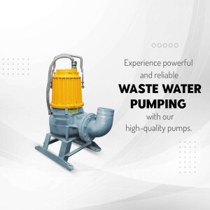 Yellow and gray waste water pump on a light blue background with text.