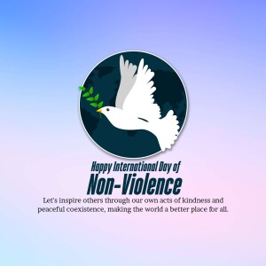 A white dove carrying an olive branch within a circle, with text celebrating the International Day of Non-Violence.