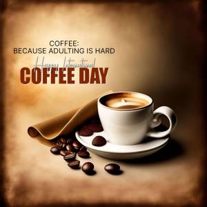 A cup of coffee with coffee beans and a napkin, with text celebrating International Coffee Day.