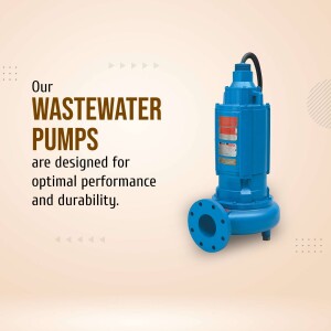 Blue wastewater pump on a light orange background with text promoting optimal performance and durability.