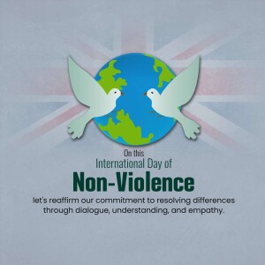 Image depicting a globe with doves and text promoting peace and non-violence.
