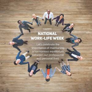 Diverse group of professionals in a circle celebrating National Work-Life Week