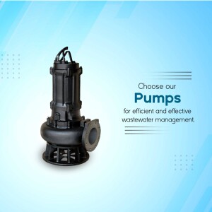 Submersible wastewater pump on a blue gradient background with text promoting efficient wastewater management.