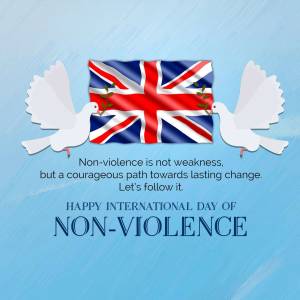 Image depicting the UK flag with doves and a message about non-violence.