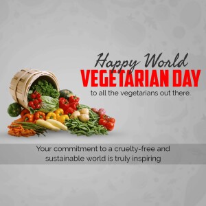 Basket overflowing with fresh vegetables with text 'Happy World Vegetarian Day'