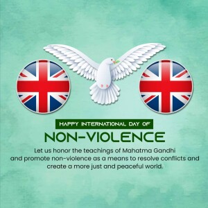 Image depicting a white dove with flags of the UK and text celebrating the International Day of Non-Violence.