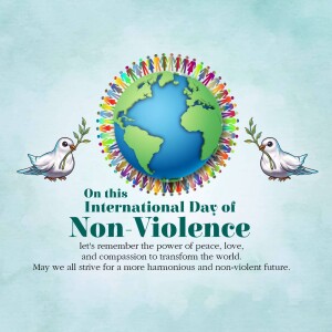 Image depicting the International Day of Non-Violence with a globe surrounded by people and doves.