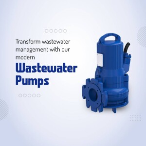 Blue wastewater pump on a light blue and white background with text.