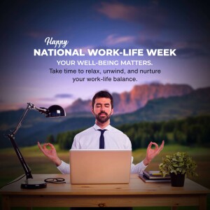 Man meditating with laptop during National Work-Life Week