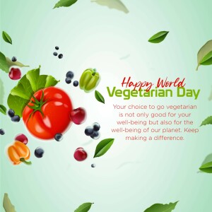 Image celebrating World Vegetarian Day with fresh vegetables and fruits.
