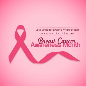 Pink ribbon with text promoting Breast Cancer Awareness Month