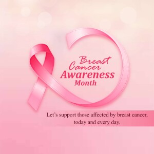 Pink ribbon with text 'Breast Cancer Awareness' on a pink background