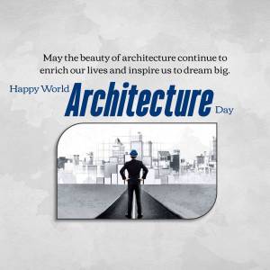 World Architecture Day greeting with an architect looking at a cityscape.