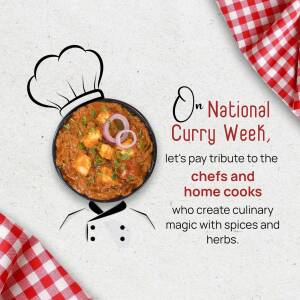 Image celebrating National Curry Week with a delicious curry dish and chef illustration.