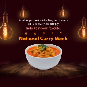 A bowl of curry with hanging light bulbs and text celebrating National Curry Week.