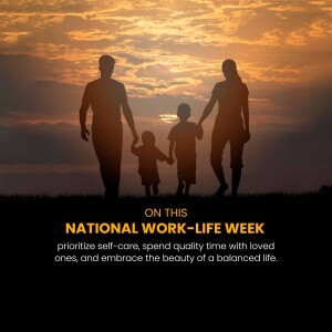 Silhouette of a family walking towards the sunset with text promoting work-life balance.