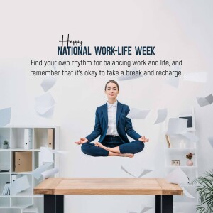 Woman meditating above a desk with floating papers, promoting work-life balance.