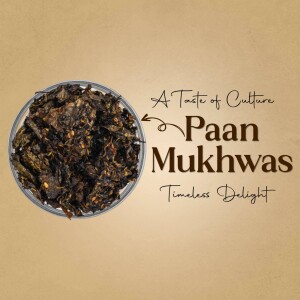 Close-up of Paan Mukhwas in a glass bowl with text overlay