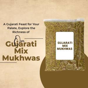 Close-up of a packet of Gujarati Mix Mukhwas, a traditional Indian snack.