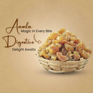 Amla candies in a woven basket with text 'Amla Magic in Every Bite' and 'Digestive Delight Awaits'