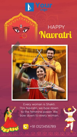 Navratri celebration with couple performing Garba dance and Goddess Durga image