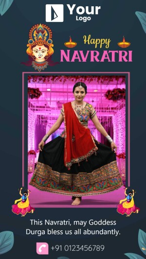Navratri celebration with a woman in traditional attire and Goddess Durga image