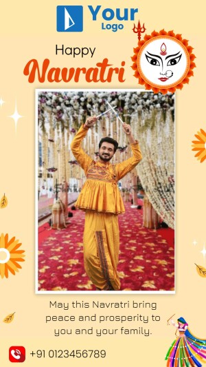 Navratri celebration with a man performing Garba dance and a depiction of Goddess Durga.