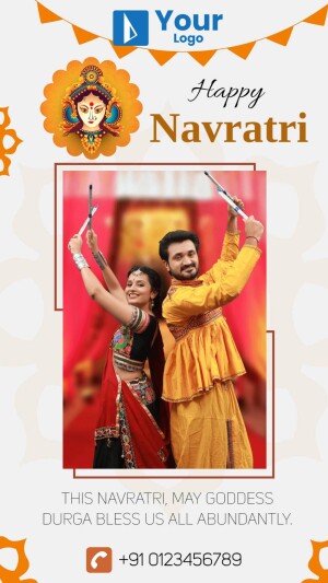 Navratri celebration with couple dancing Garba and Goddess Durga image