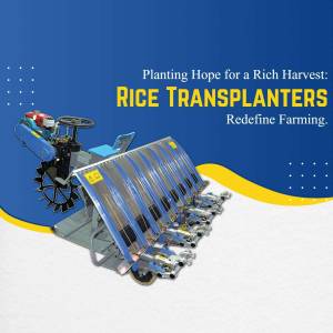 A rice transplanter machine on a blue and yellow background with text promoting it.