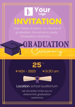 Graduation ceremony invitation with cap and scroll illustration