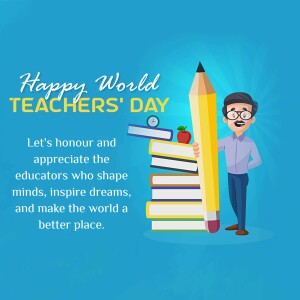 Illustration of a teacher with a stack of books shaped like a pencil