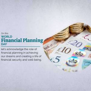Image promoting World Financial Planning Day with coins and British currency.