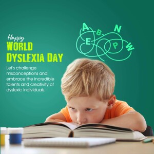A young boy with curly hair reading a book with a dyslexia awareness graphic in the background.