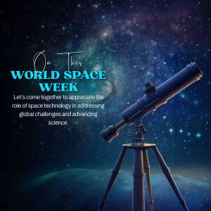 Telescope silhouetted against a starry night sky with text celebrating World Space Week.