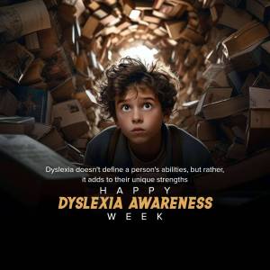 A young boy surrounded by books, promoting Dyslexia Awareness Week.