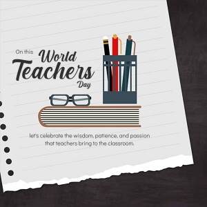 World Teachers Day graphic with pens, glasses, and a book on lined paper.