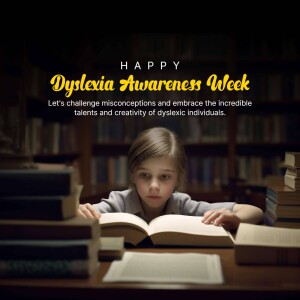 A young girl reading a book with stacks of books around her, promoting Dyslexia Awareness Week.